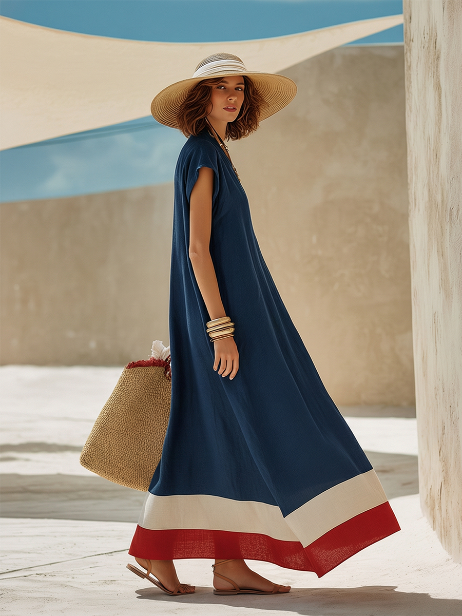 Alba | Contrast Hem Linen-Blend Maxi Dress
