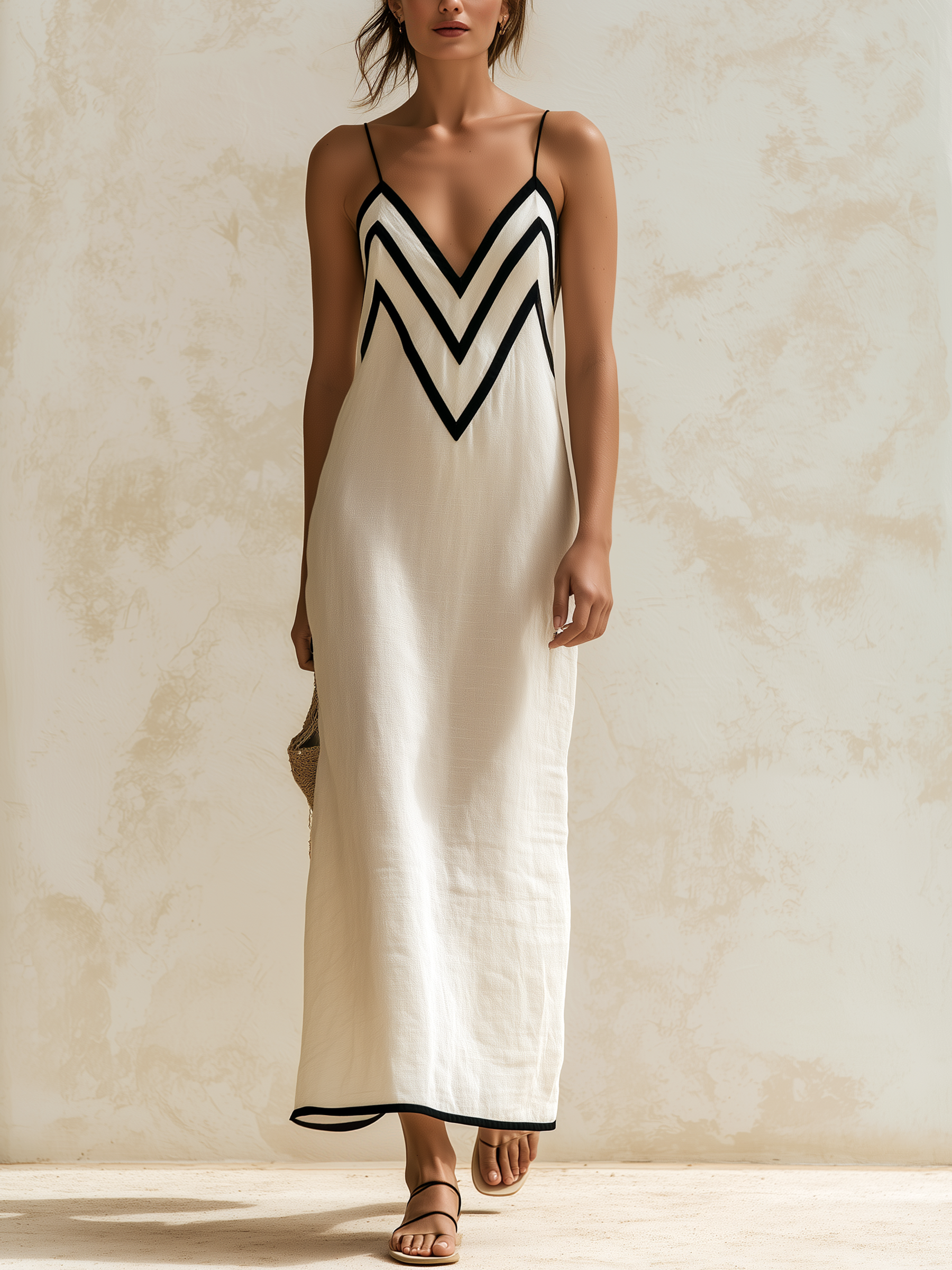 Nuria | Spaghetti Strap Chevron Trim Slip Maxi Dress