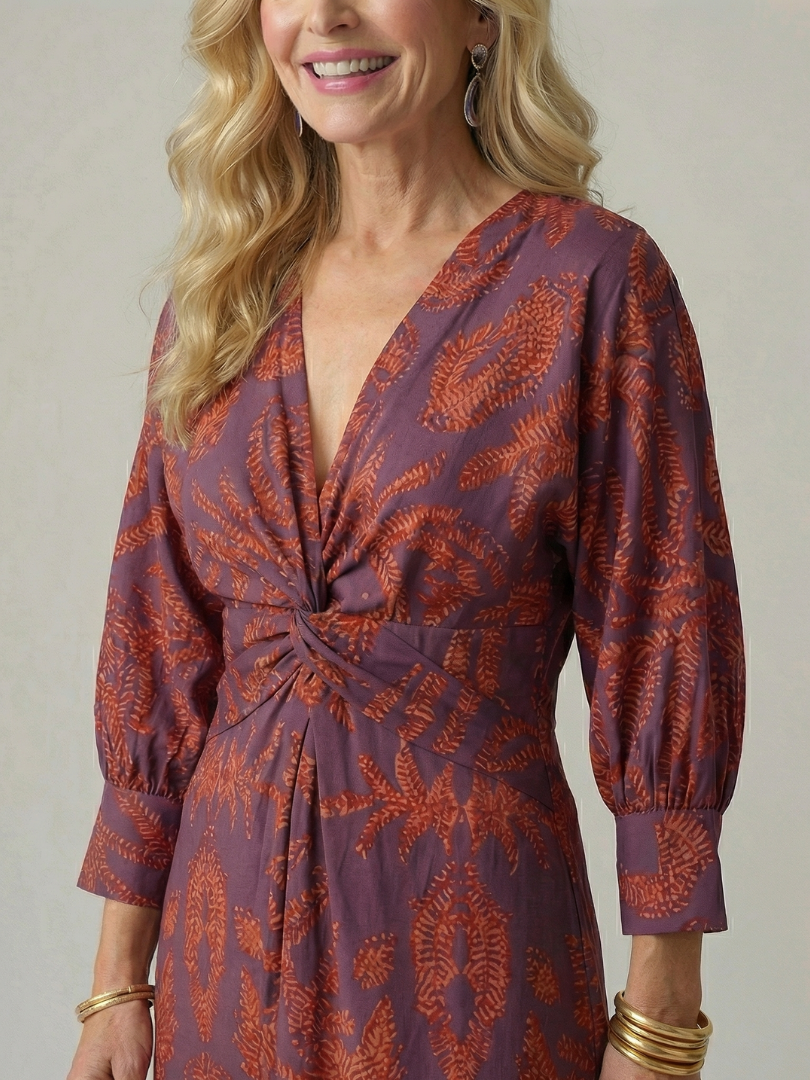 Delphine | Wrap Midi Dress in Natural Print