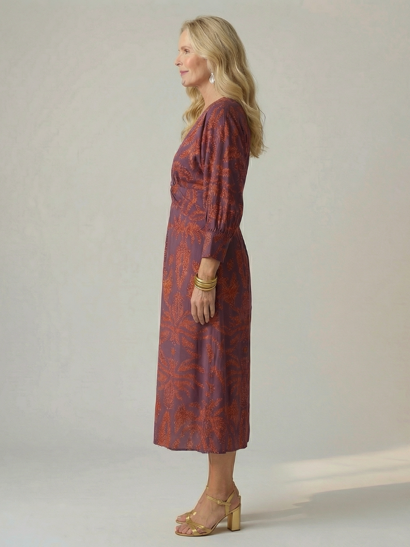 Delphine | Wrap Midi Dress in Natural Print
