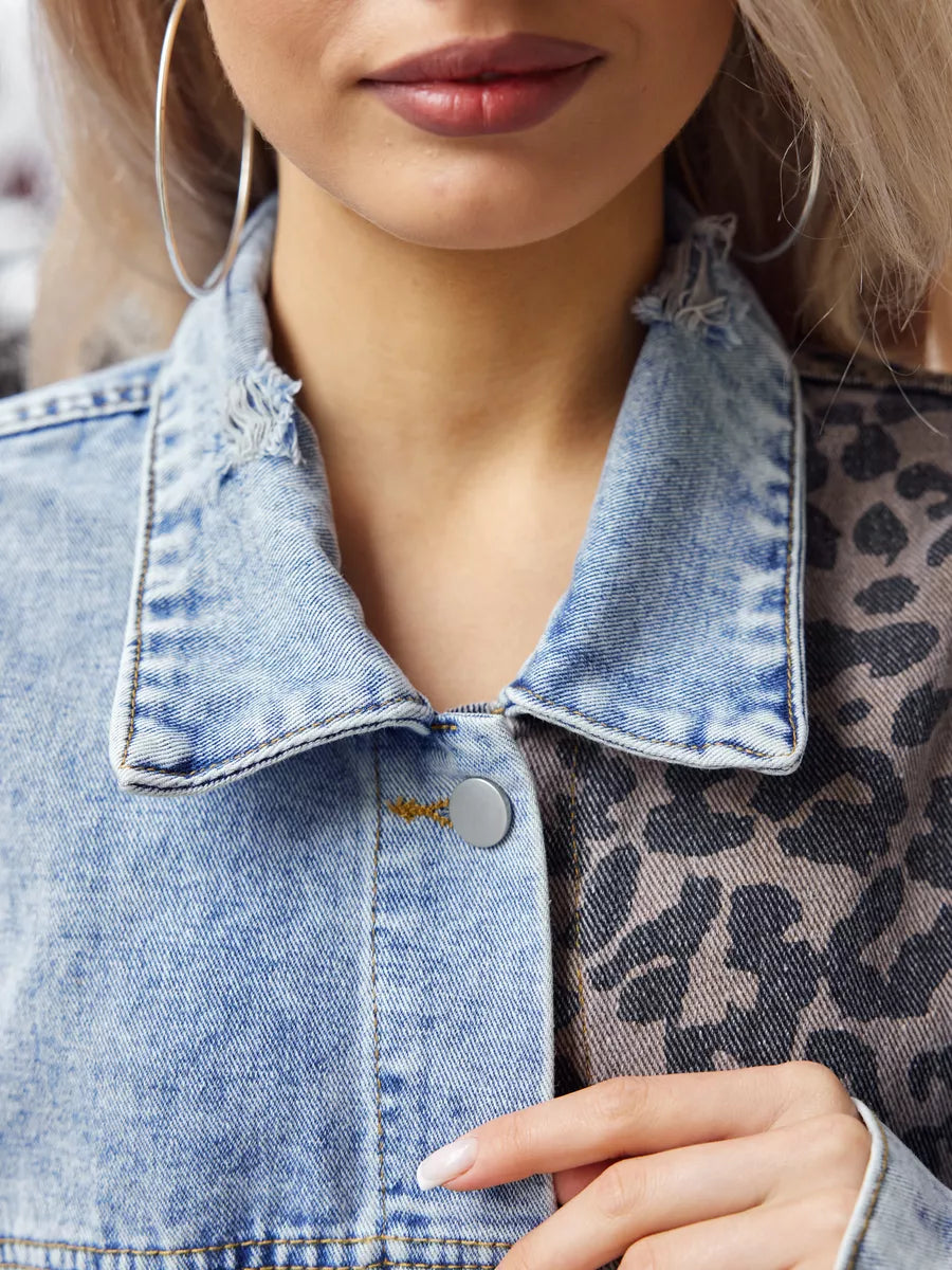 Wren | Leopard Print Long Sleeve Denim Jacket