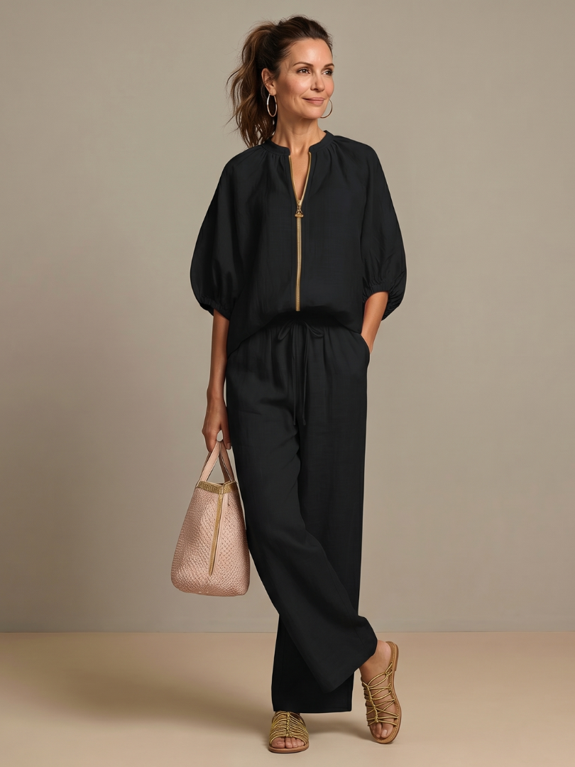 Isabela | Zip Front Blouson Top Wide Leg Co-ord Set