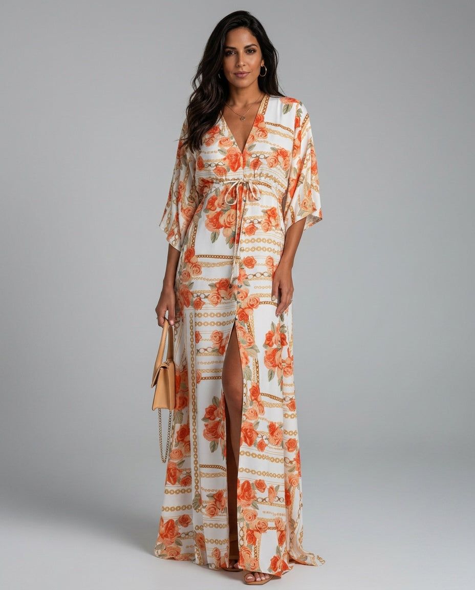 Josephine | Printed Batwing Tie-Waist Maxi Dress