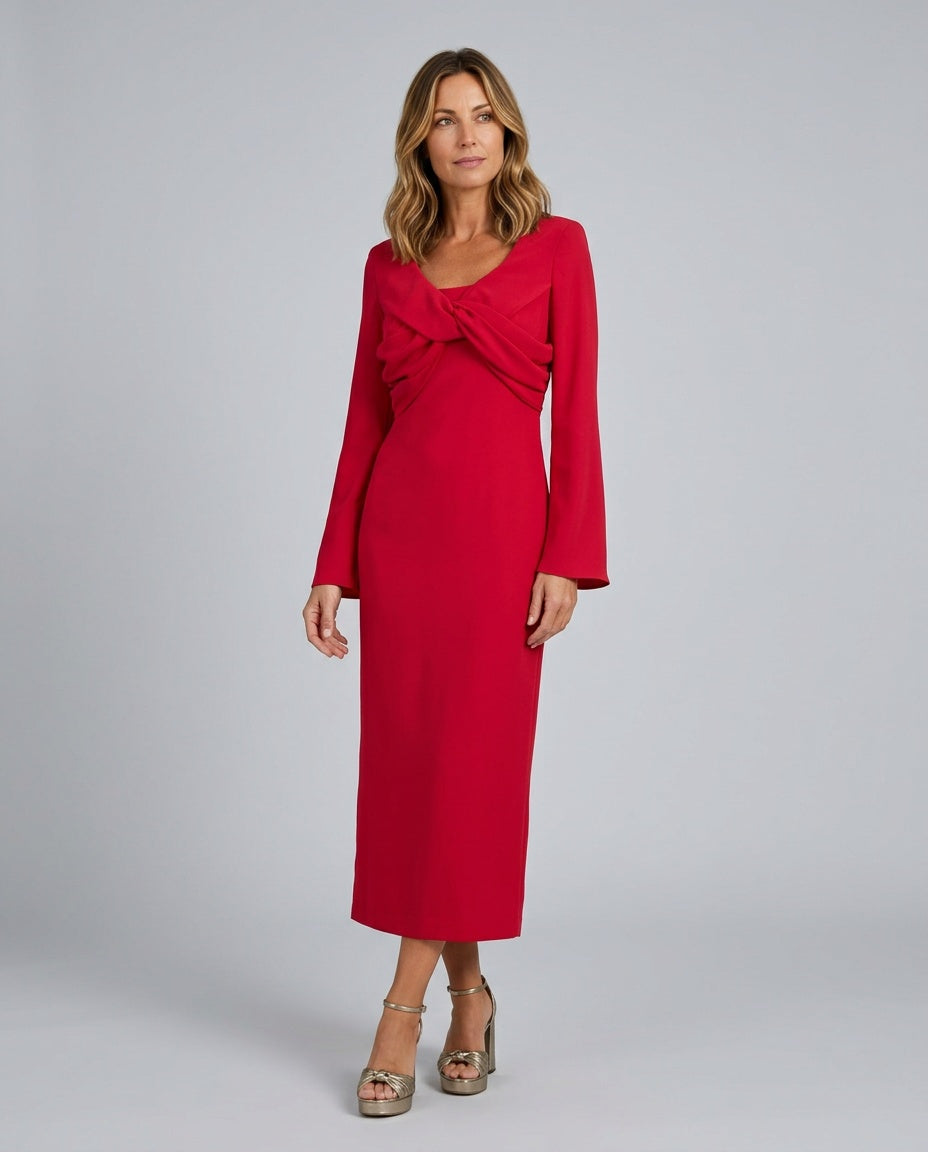 Celeste | Long Sleeve Crossover Front Knot Midi Dress