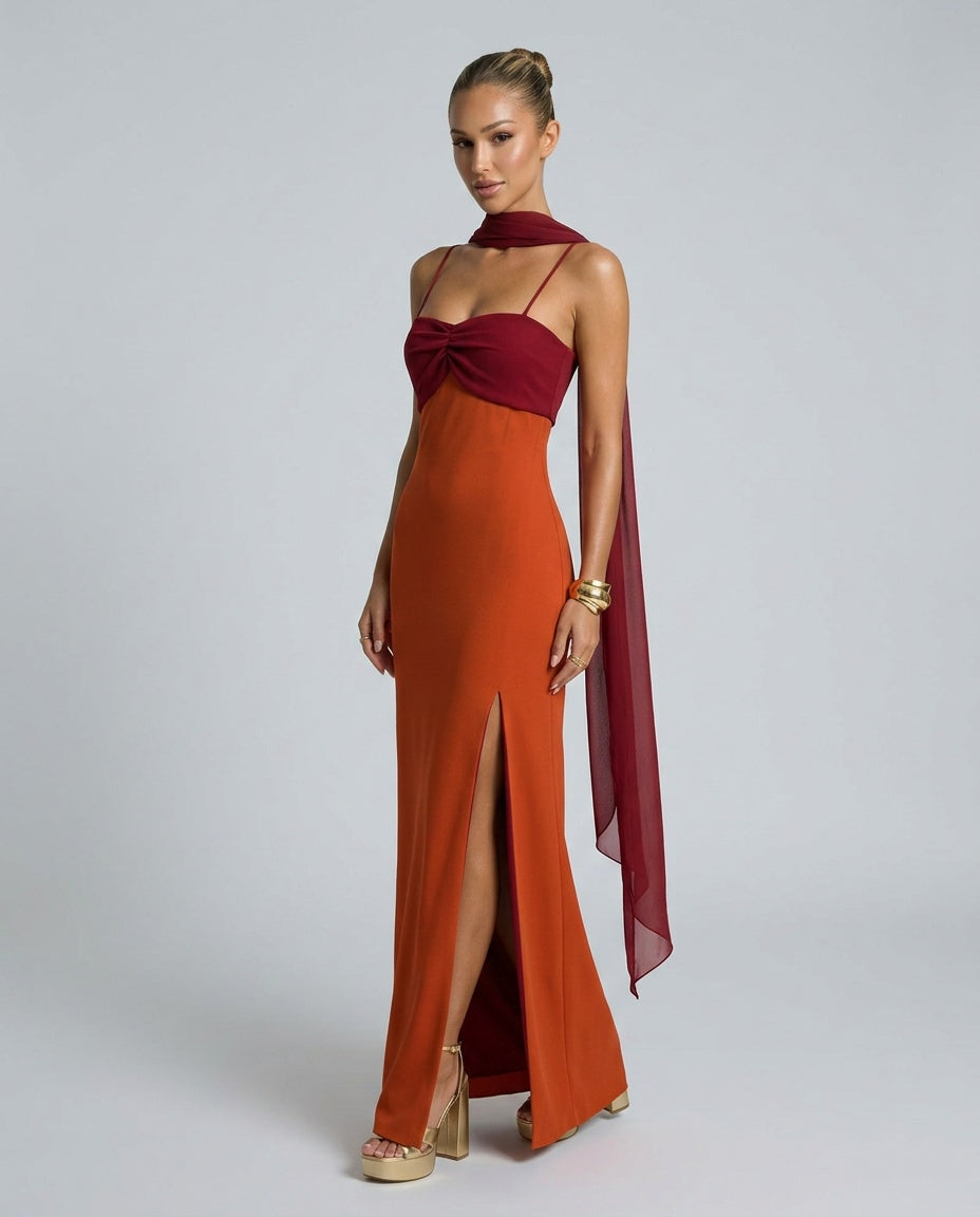 Isabela | Two-Tone Draped Strapless Maxi Dress with Scarf