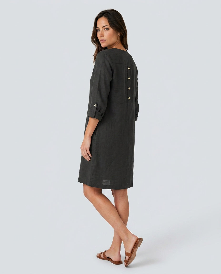Thea | Button-Front Sleeved Knee-Length Midi Dress