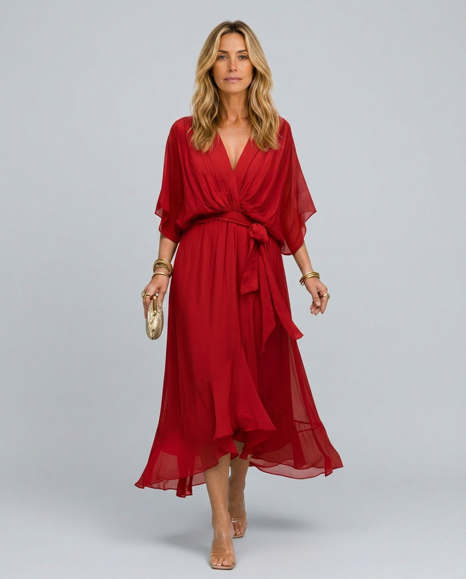 Daniela | Belted V-Neck Chiffon-Look Midi Dress