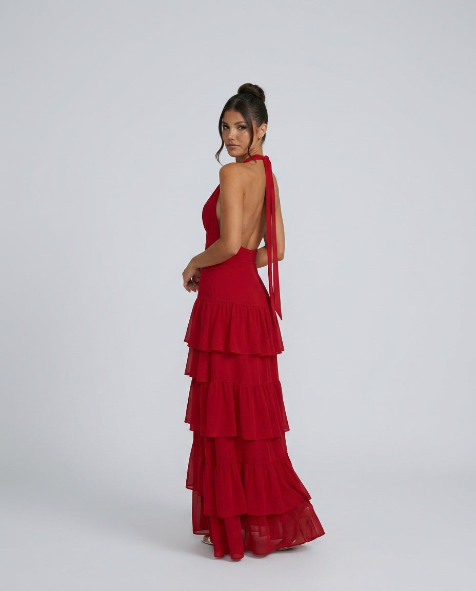 Presley | Deep Halter Tiered Ruffle Maxi Dress