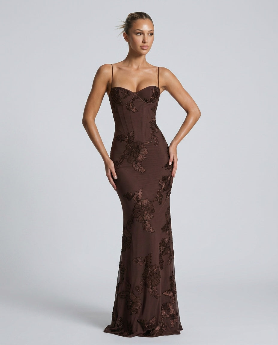 Isolde | Embroidered Corset Fishtail Maxi Dress