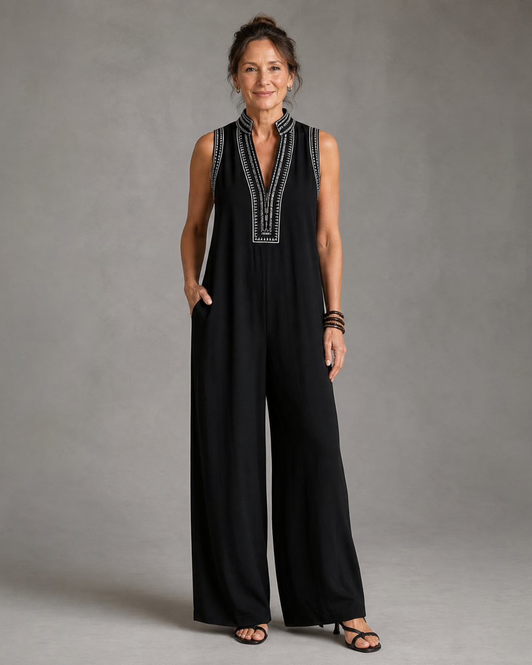 Velmira | Embroidered V-Neck Wide Leg Jumpsuit