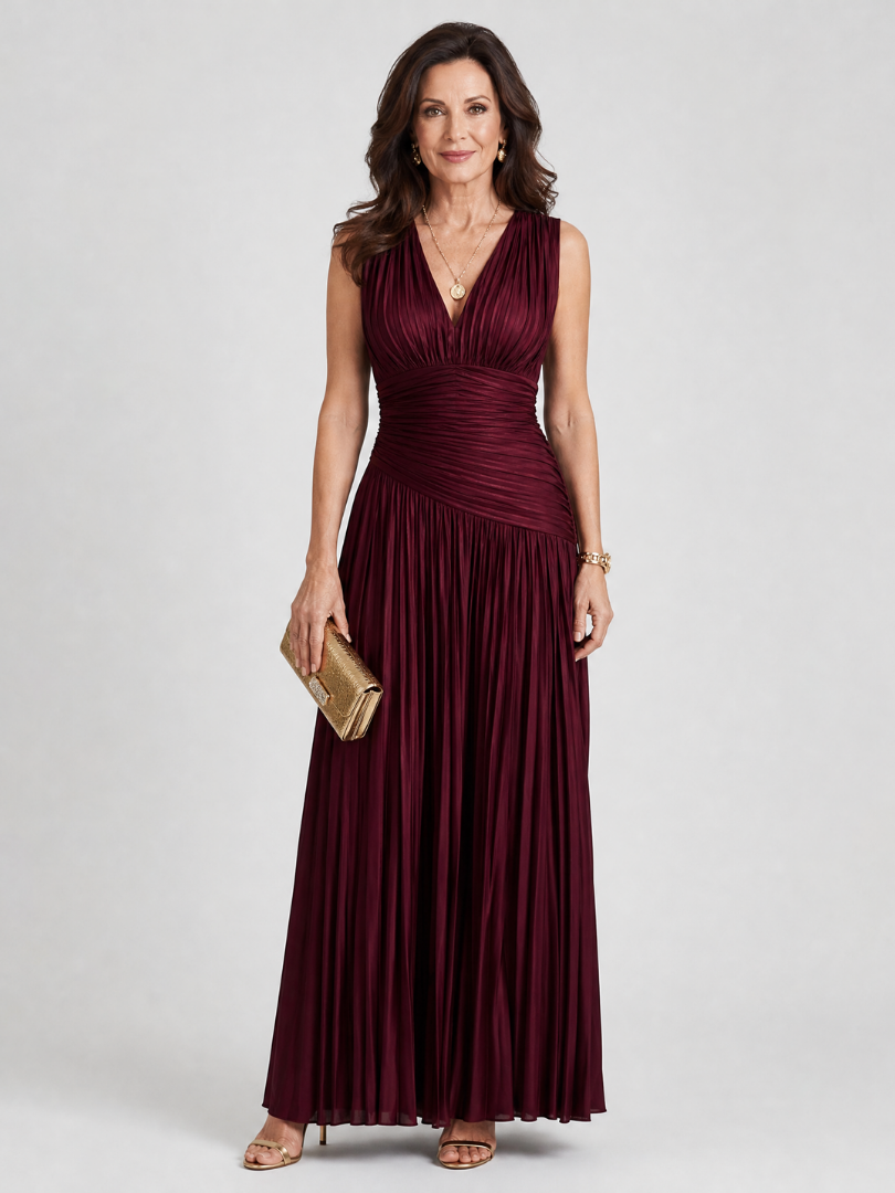 Camille | Sleeveless Pleated V-Neck Midi Dress