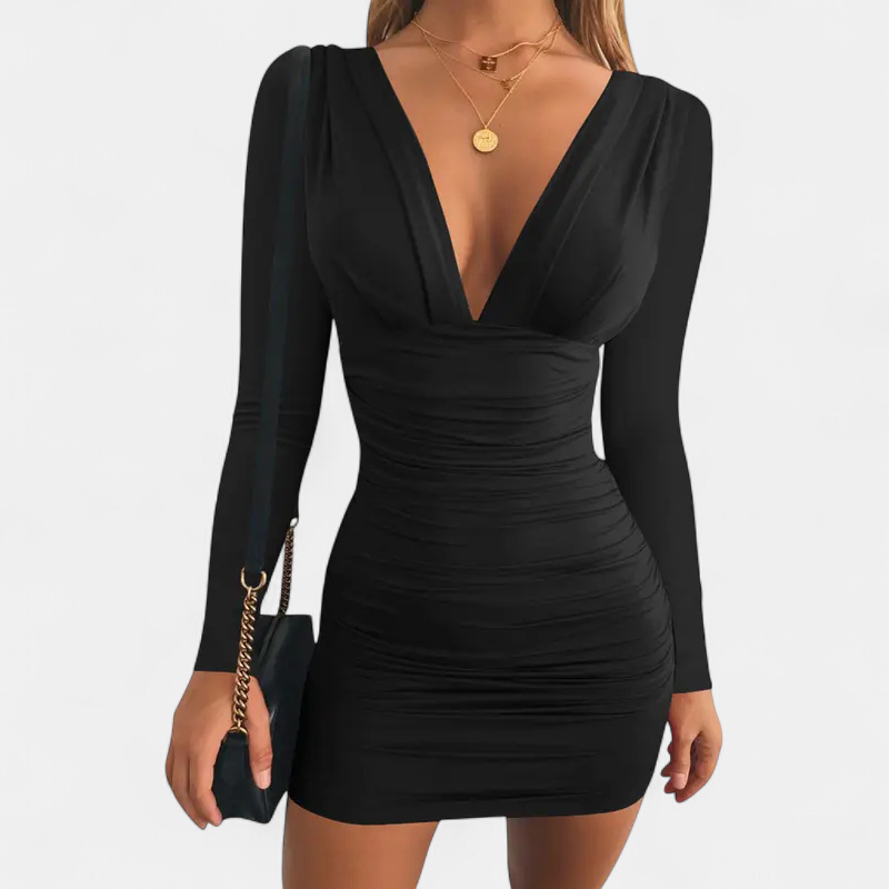 Xenia | Deep V-Neck Long Sleeve Bodycon Mini Dress