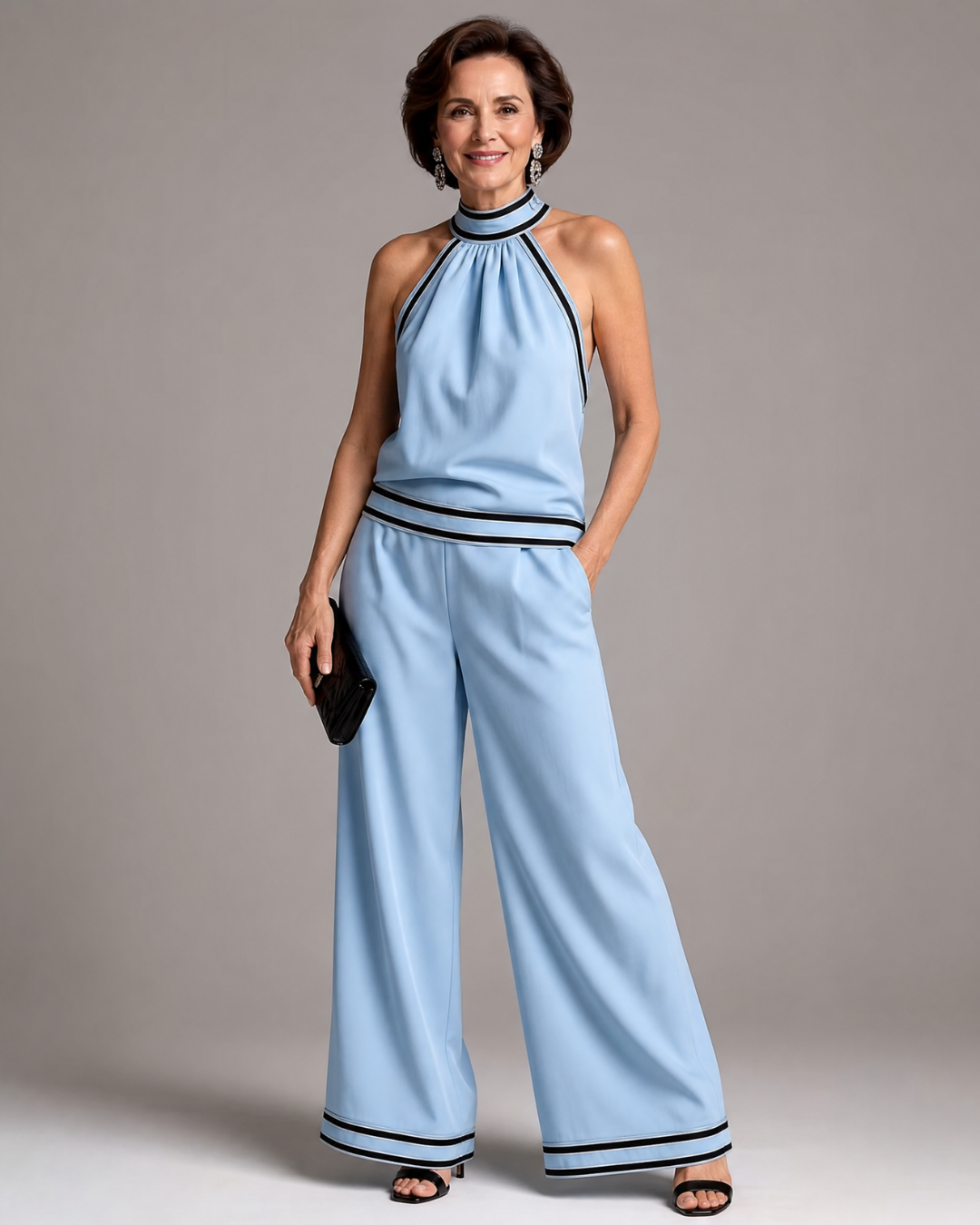 Bianca | Contrast Trim Halter Neck Wide Leg Jumpsuit