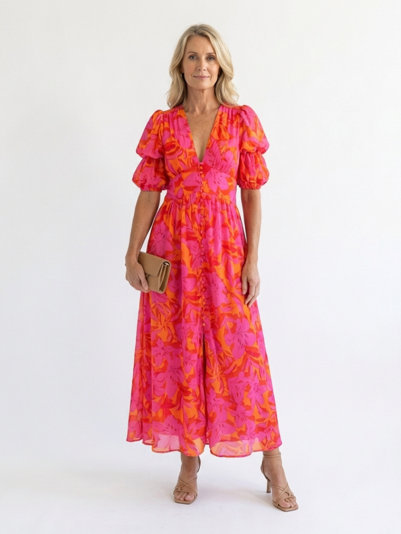 Paloma | Floral V-Neck Puff Sleeve Midi Dress