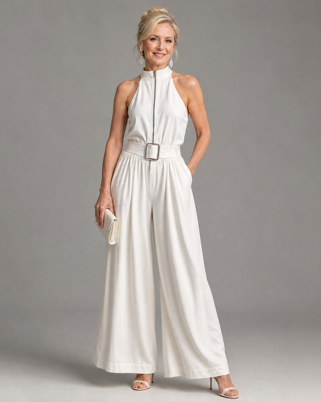 Stellara | Belted High Neck Sleeveless Wide Leg Jumpsuit