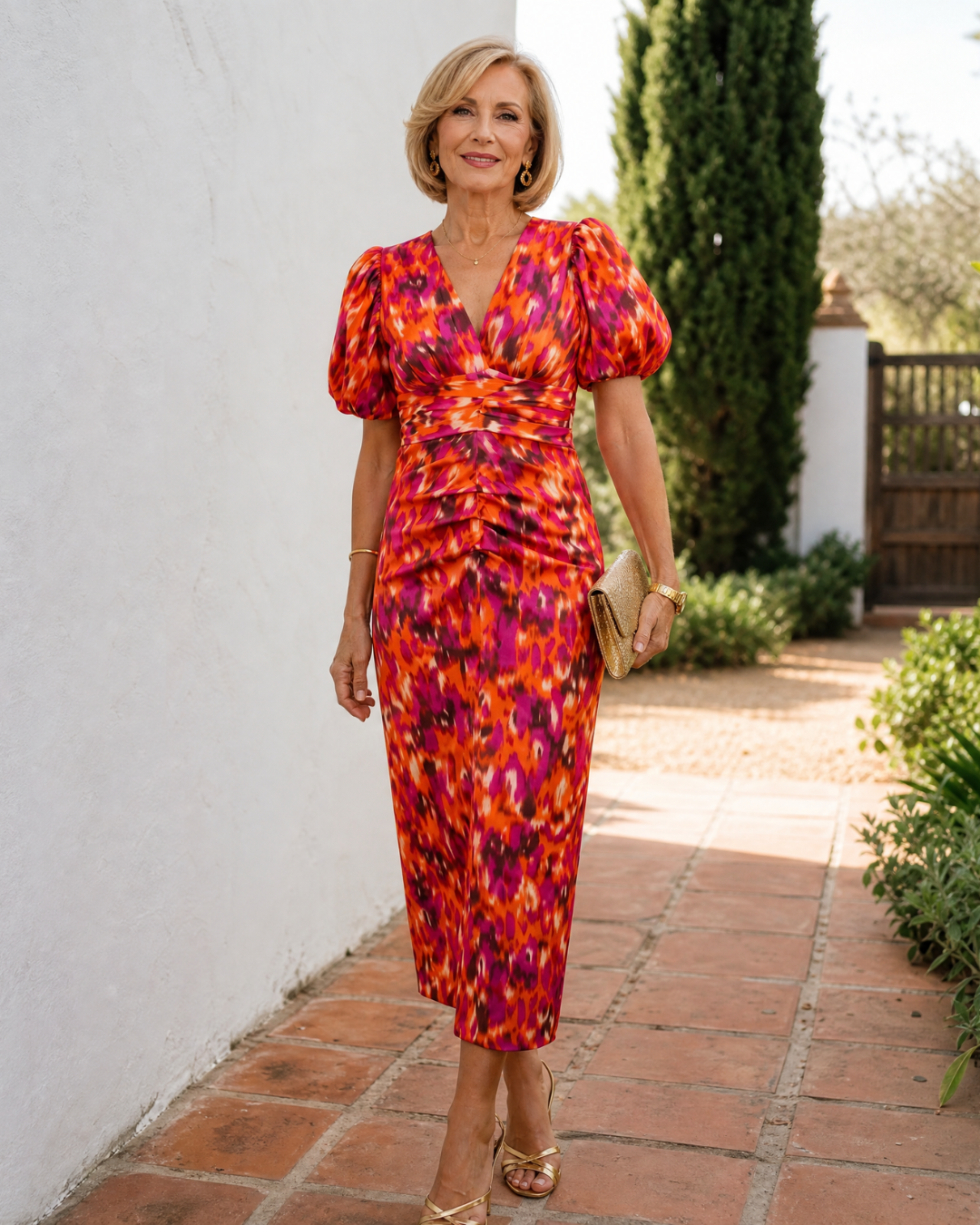 Vashti | Abstract Print Puff Sleeve Ruched Midi Dress