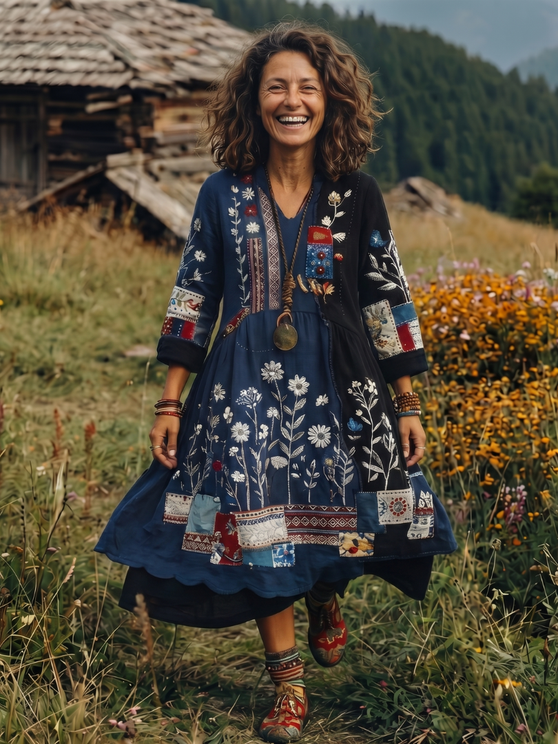 Wren | Embroidered Panel Long Sleeve Midi Dress