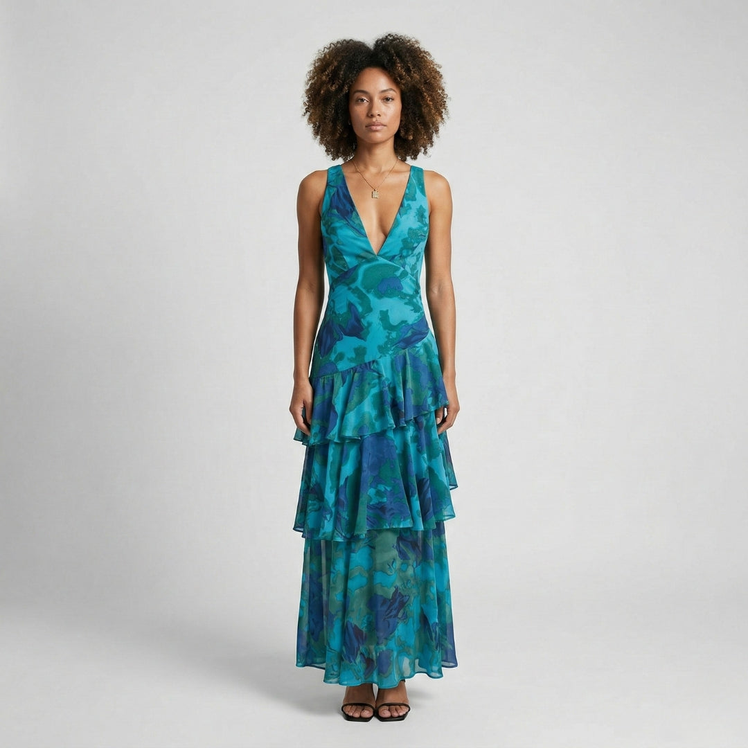Harlow | V-Neck Plissé Pleated Maxi Dress