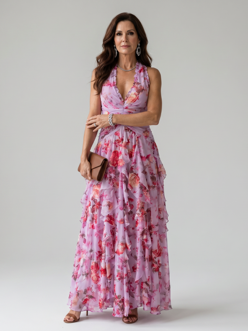 Piper | Halter Neck Ruched Floral Maxi Dress