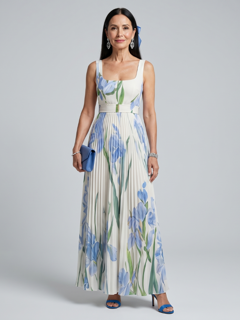 Reva | Sleeveless Square Neck Floral Print Midi Dress