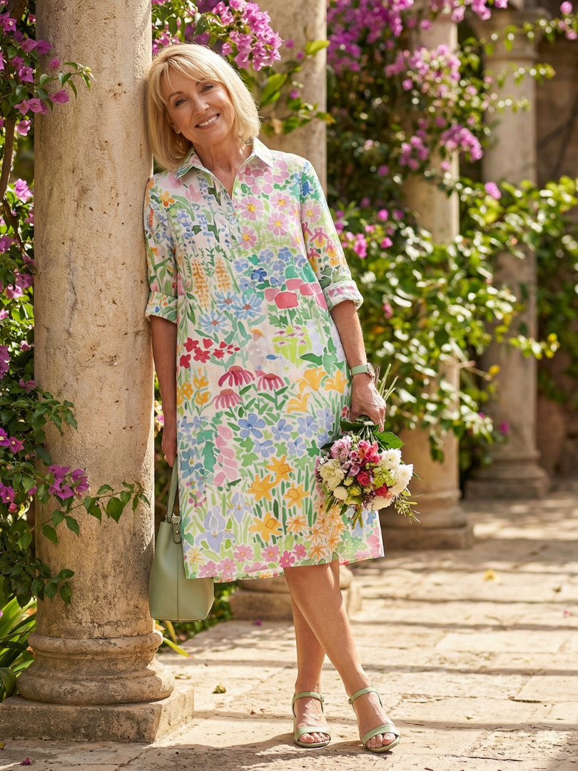 Leontine | Floral Print Collared Knee-Length Midi Dress