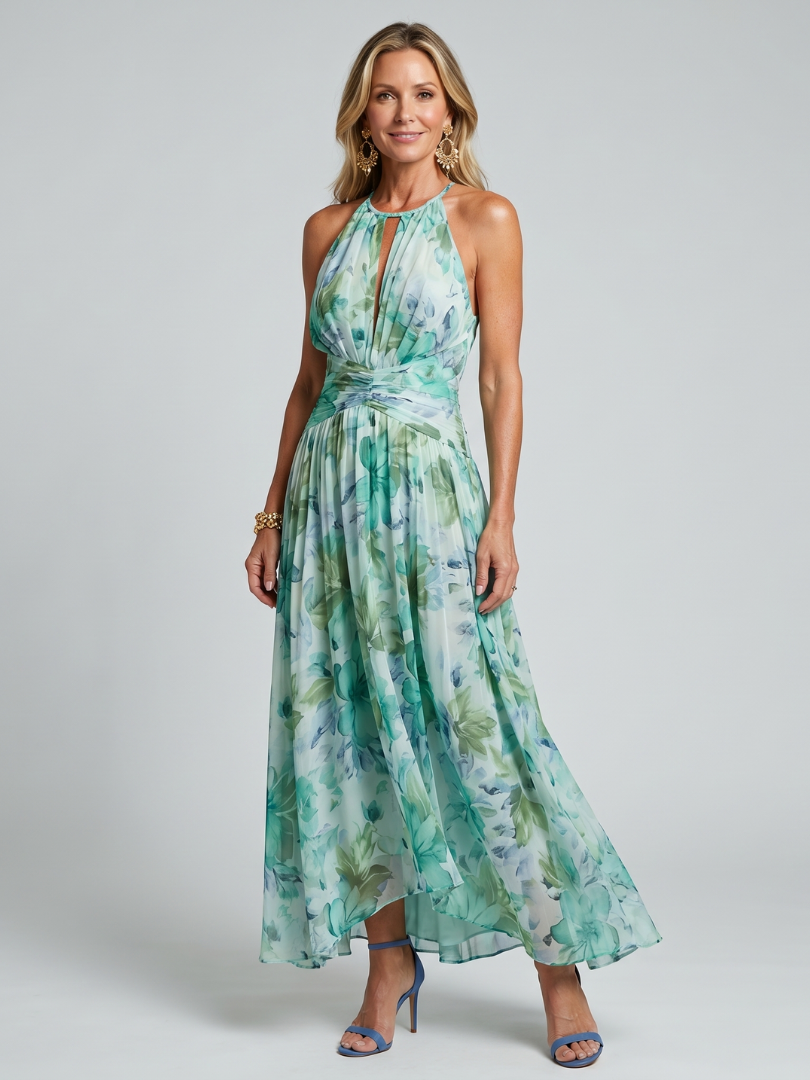 Beatriz | Pleated Halter Floral Midi Dress