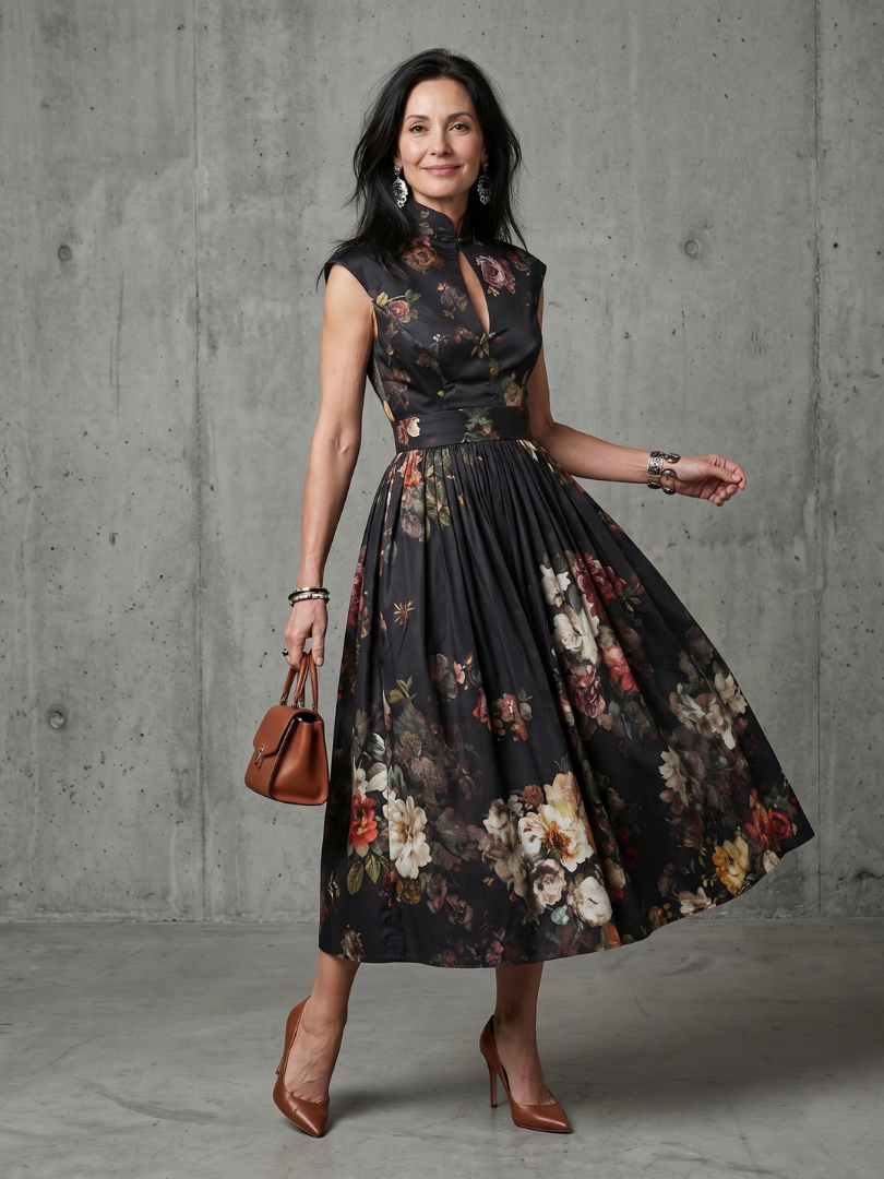 Paloma | High Neck Keyhole Floral Pleated Midi Dress