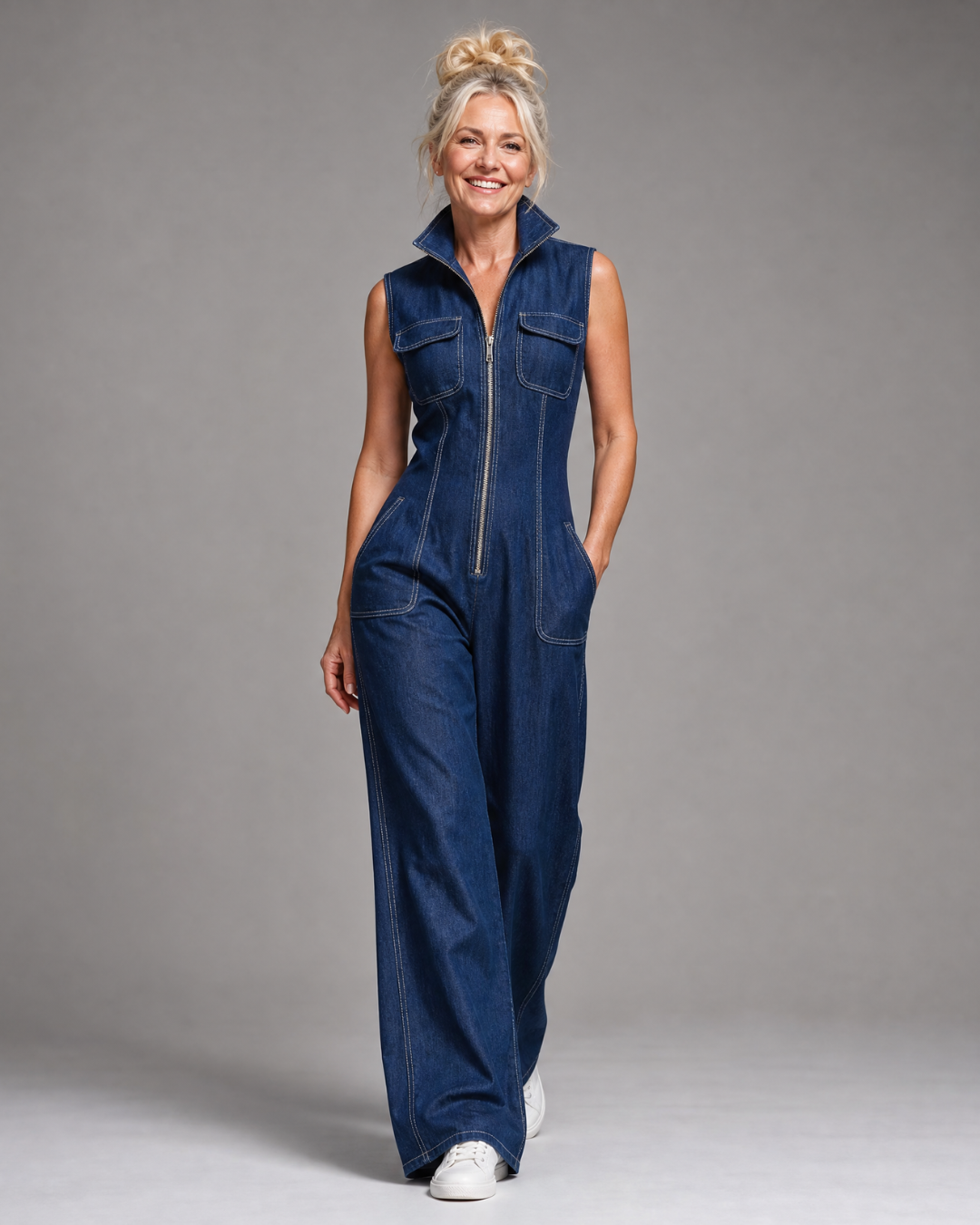 Cleona | Sleeveless Zip Front Wide Leg Denim Jumpsuit