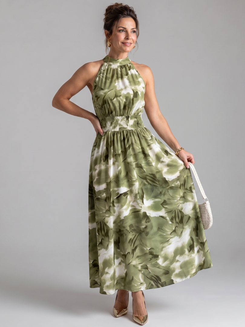 Blair | Gathered Waist Abstract Print Midi Dress