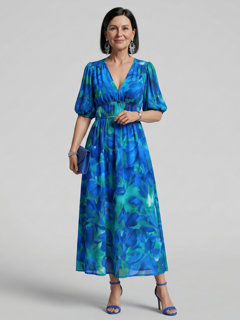 Coralie | Puff Sleeve V-Neck Abstract Print Midi Dress