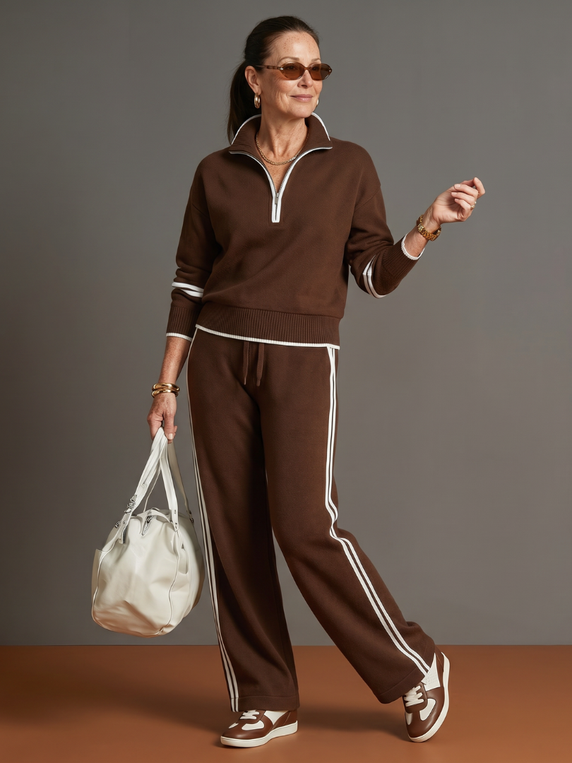 Rova | Zip Neck Striped Knit Long Sleeve Pants Set