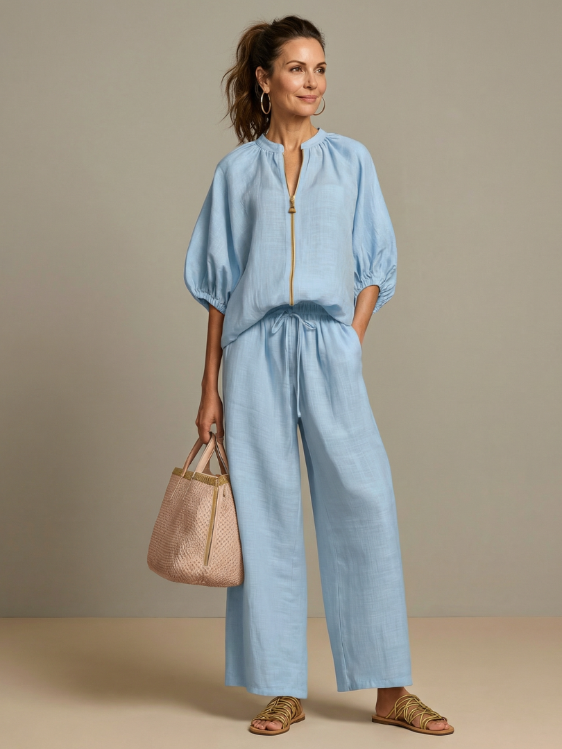 Isabela | Zip Front Blouson Top Wide Leg Co-ord Set
