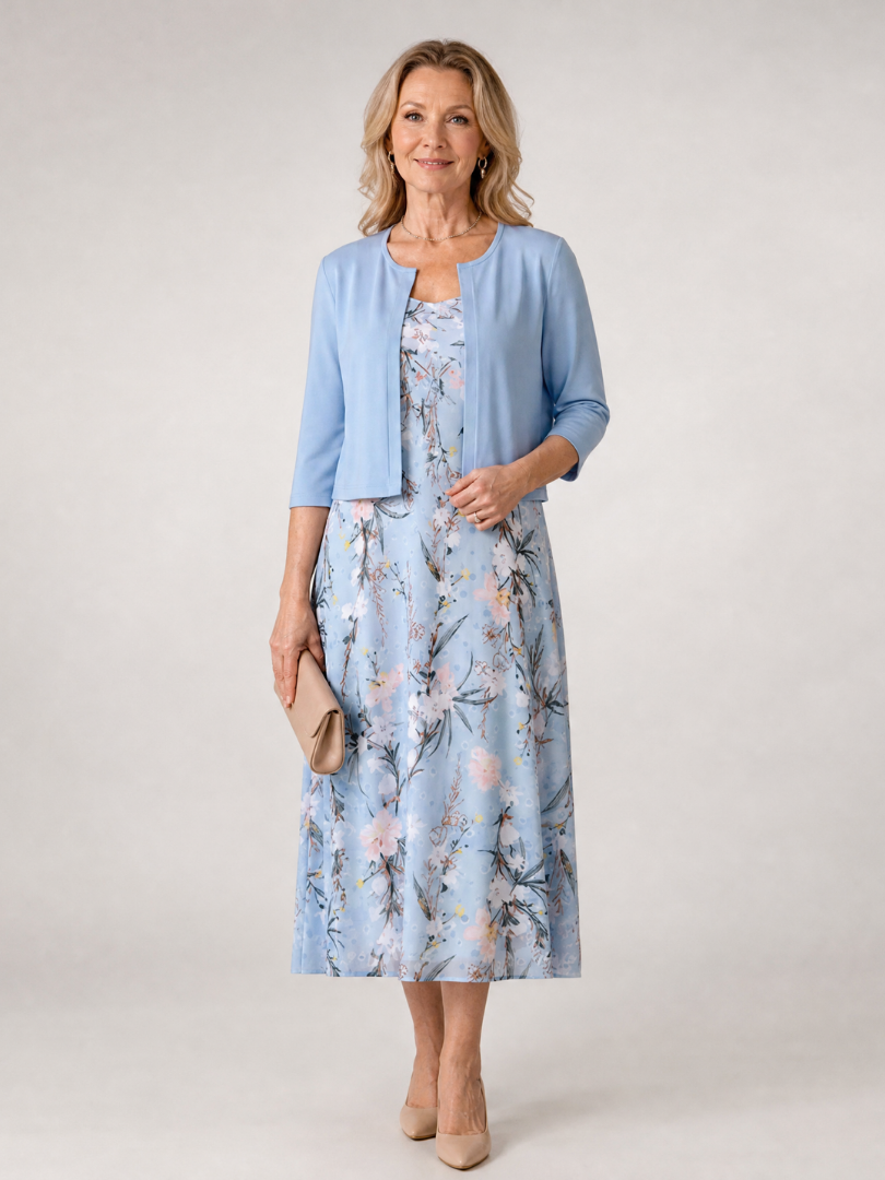 Reva | Floral Print Sleeveless Midi Dress with Cropped Jacket