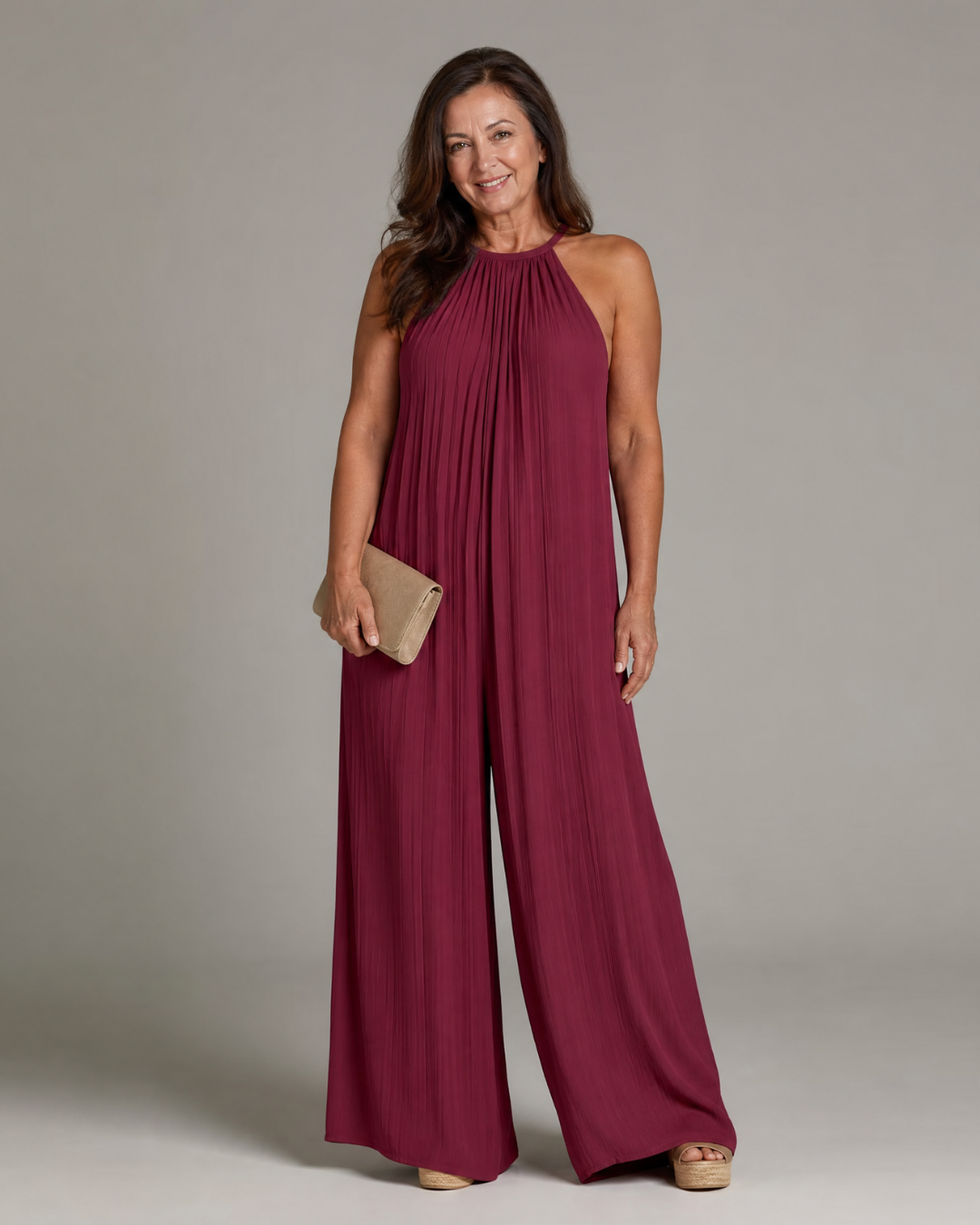Sylvara | Pleated Halter Neck Wide Leg Jumpsuit