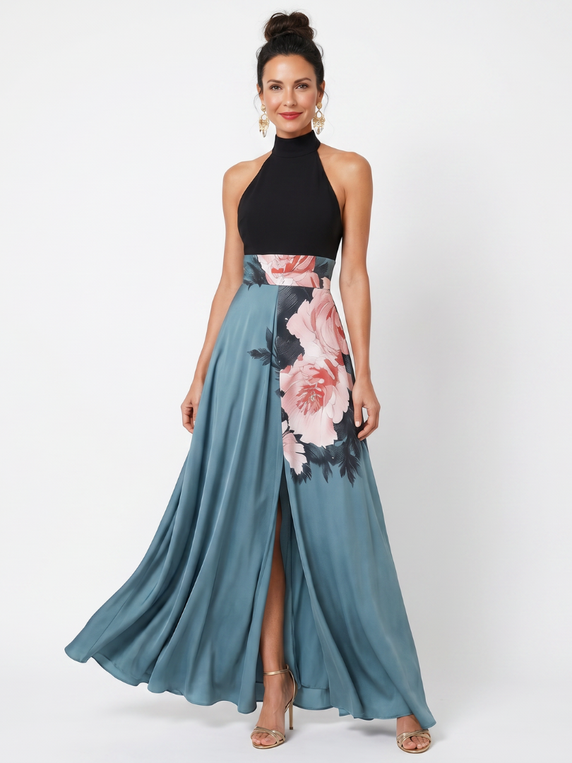 Naia | Halter Bodice Floral Skirt Maxi Dress