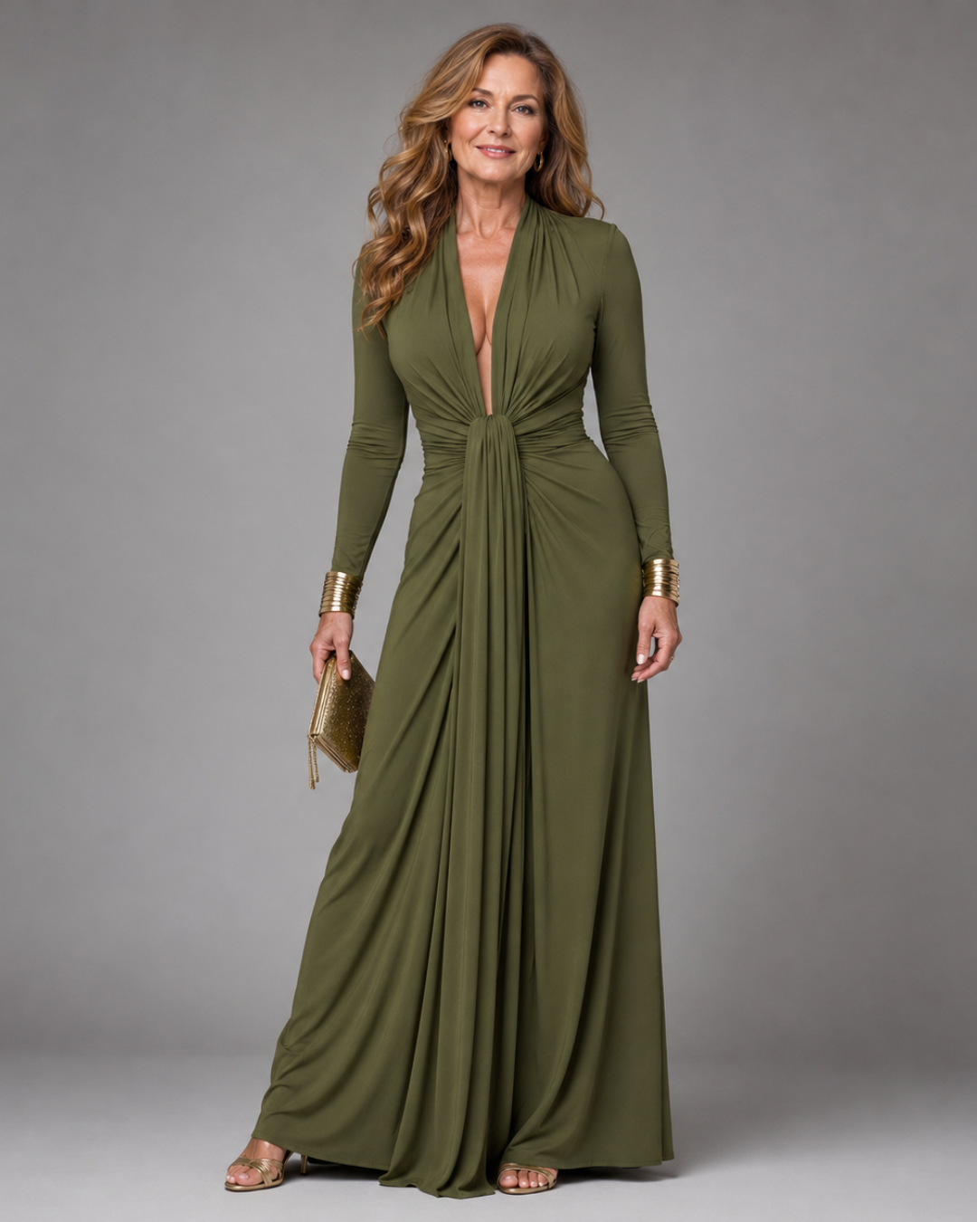 Beatriz | Draped Deep V-Neck Long Sleeve Maxi Dress