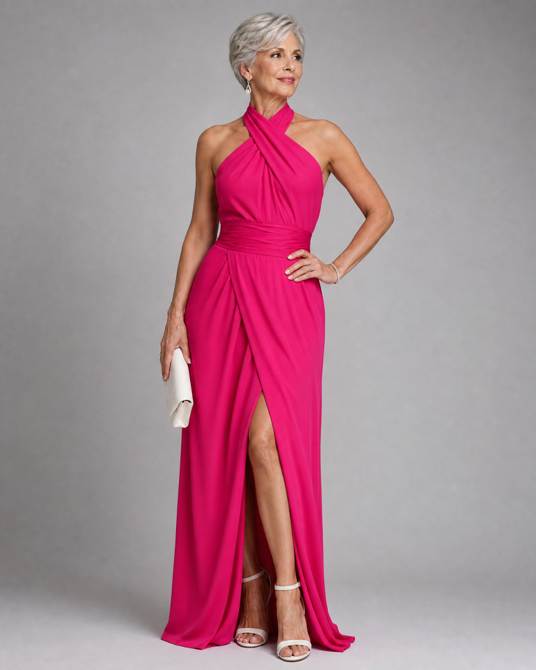 Edith | Cross Halter Draped Side Slit Midi Dress