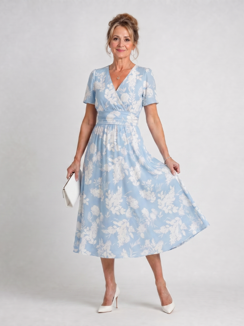 Jimena | Floral Print Short Sleeve V-Neck Midi Dress