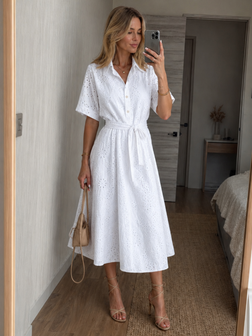 Josie | Short Sleeve Button-Front Waist-Tie Midi Dress