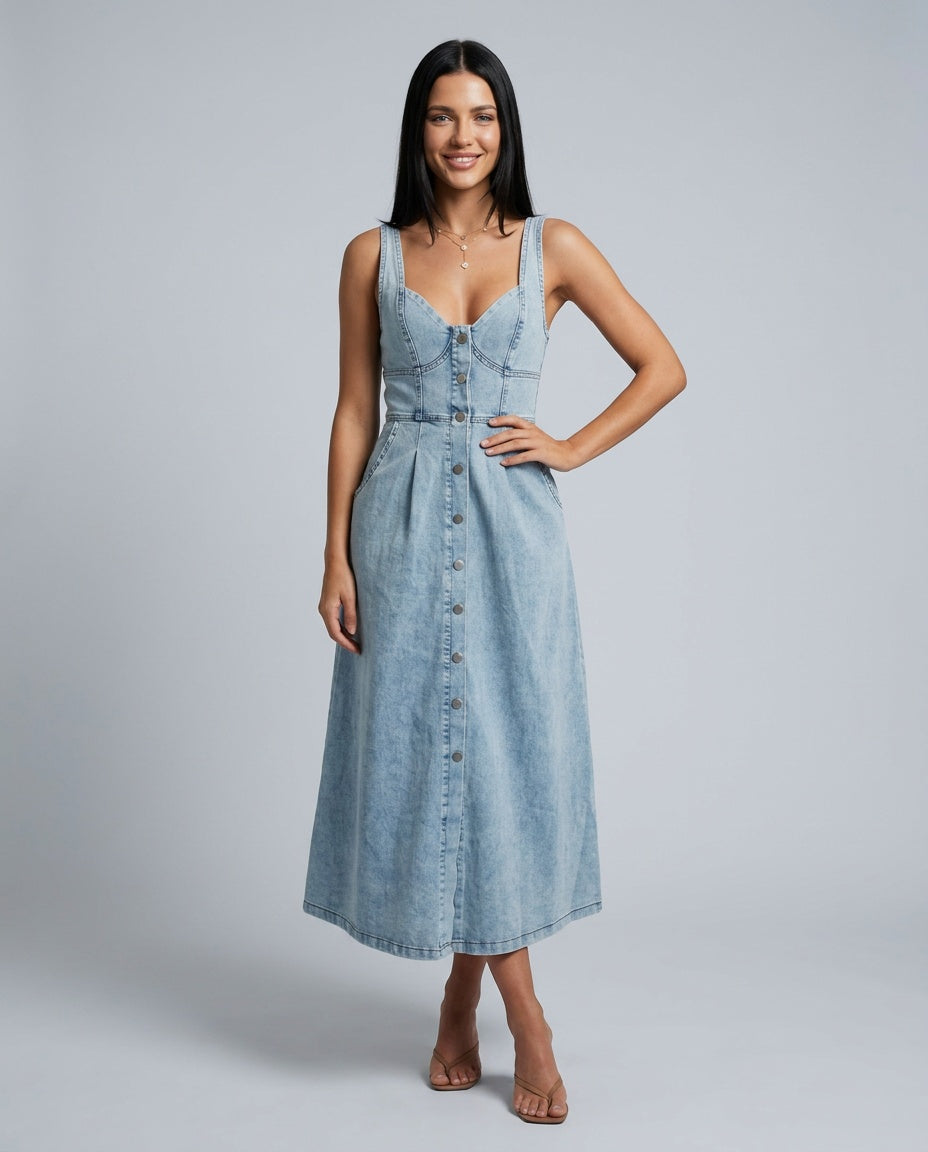 Daya | Sleeveless Button-Front Denim Shift Dress