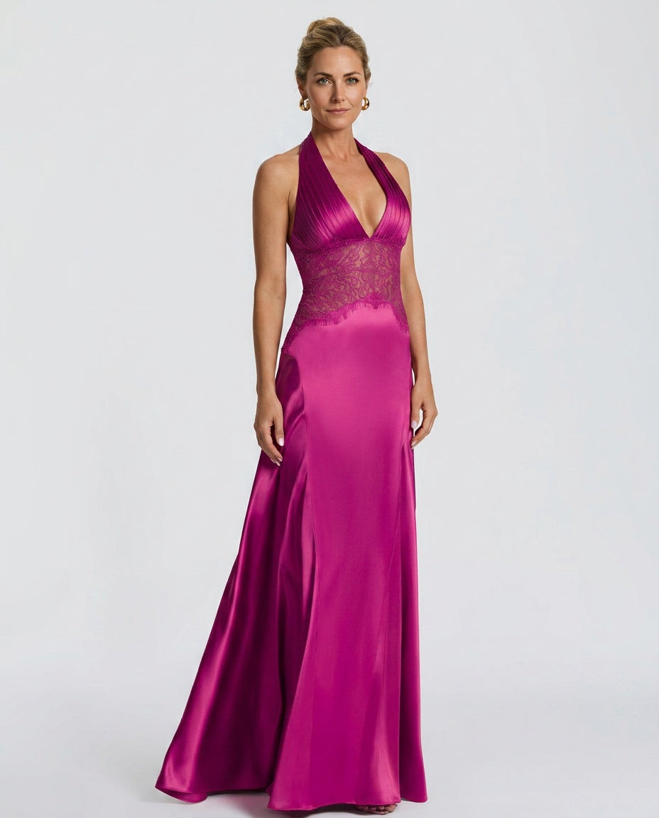 Quinn | Satin Splicing Lace Halter Pleated Maxi Dress