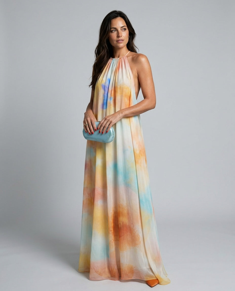 Harlow | Watercolour Halter Flowing Maxi Dress