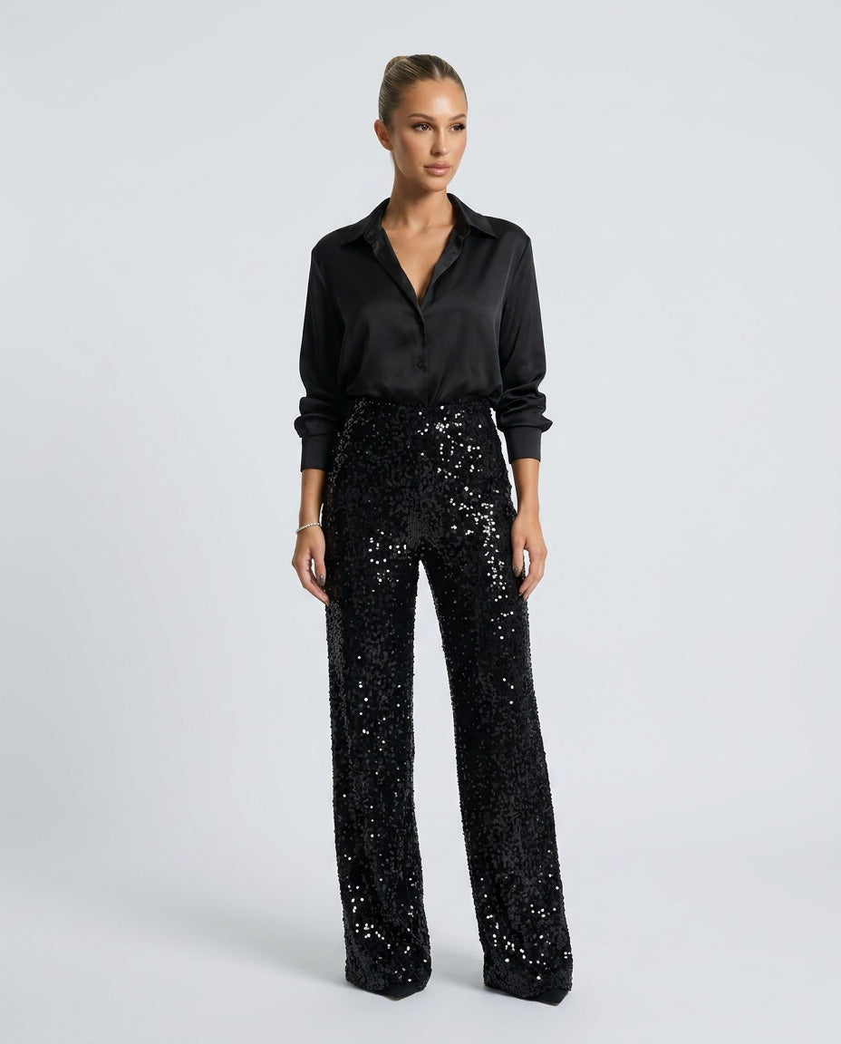 Clara | High Waist Sequin Straight Leg Trousers