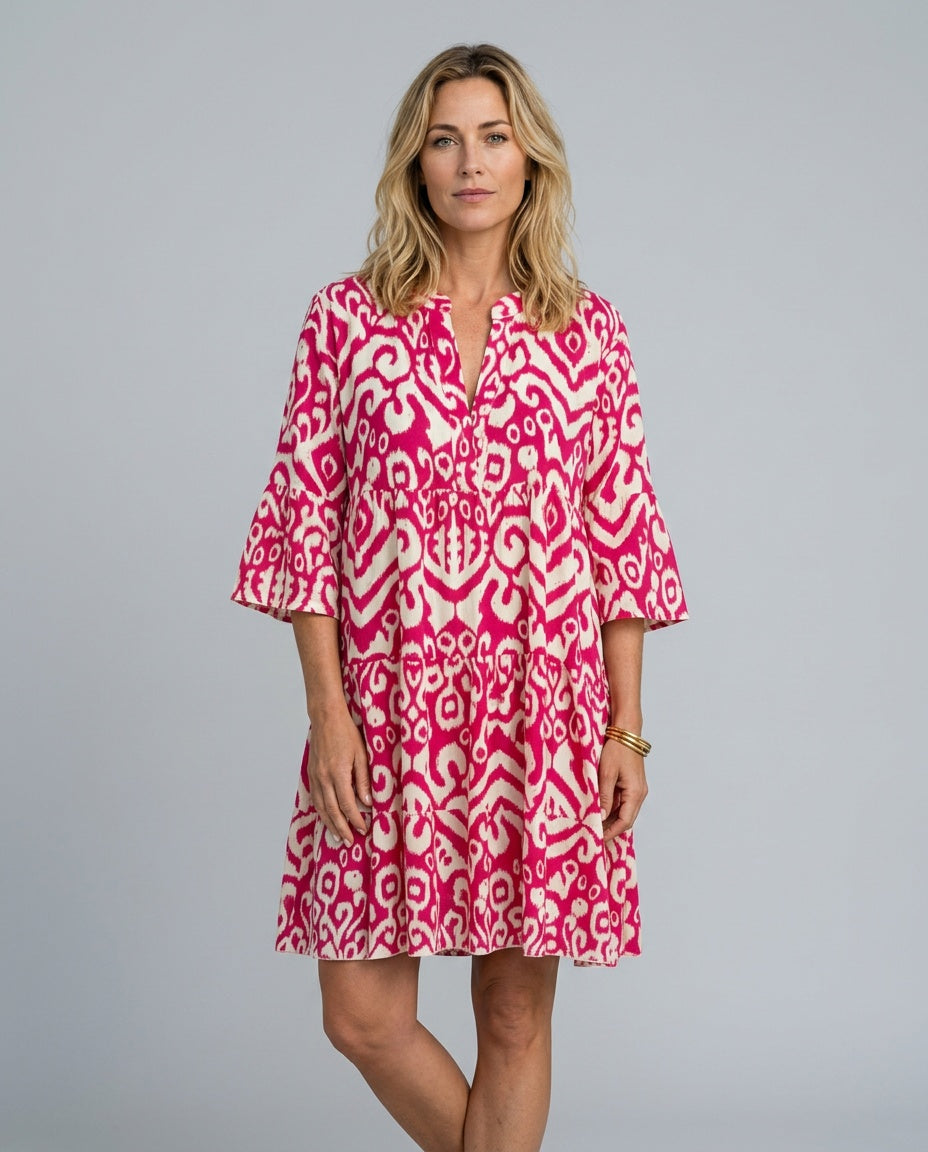 Noor | Printed V-Neck 3/4 Sleeve Midi Dress