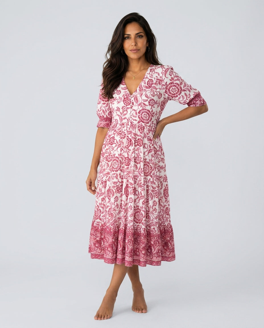 Kinsley | V-Neck Floral Print Midi Dress