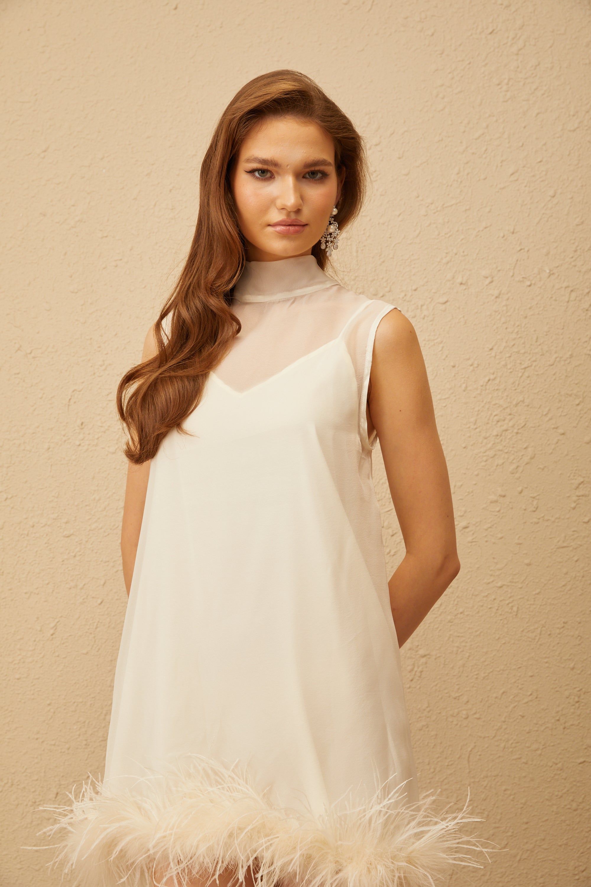 Estelle | Feather Trim White Mini Dress