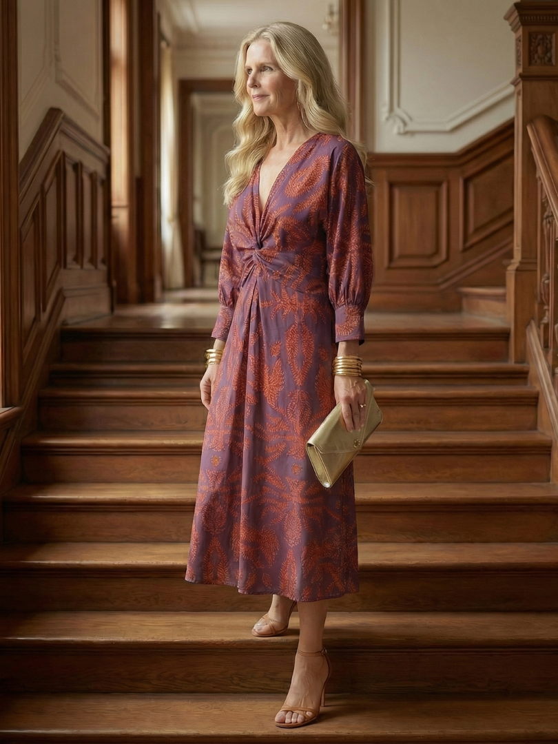 Delphine | Wrap Midi Dress in Natural Print
