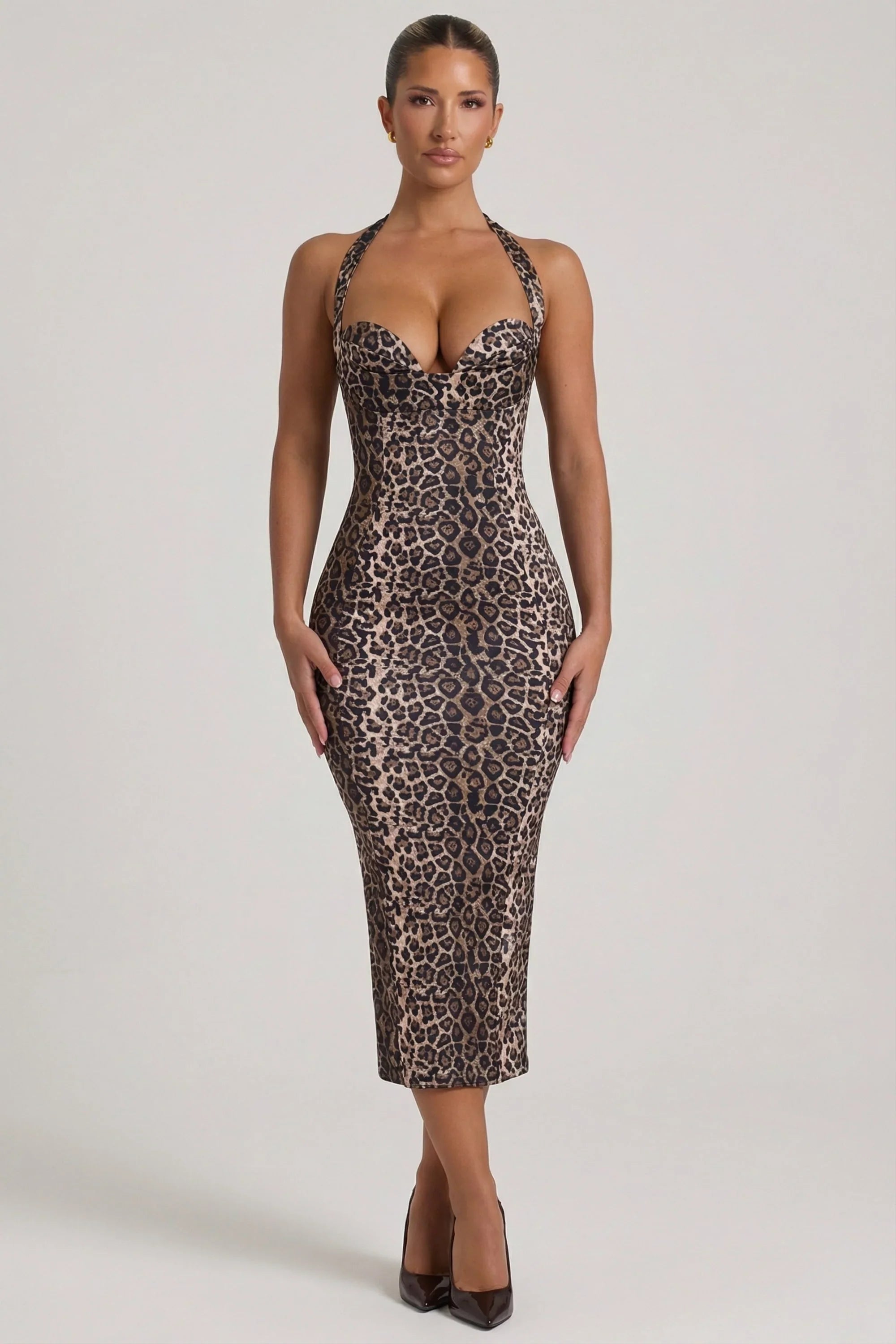 Yara | Halterneck Bodycon Leopard Print Midi Dress