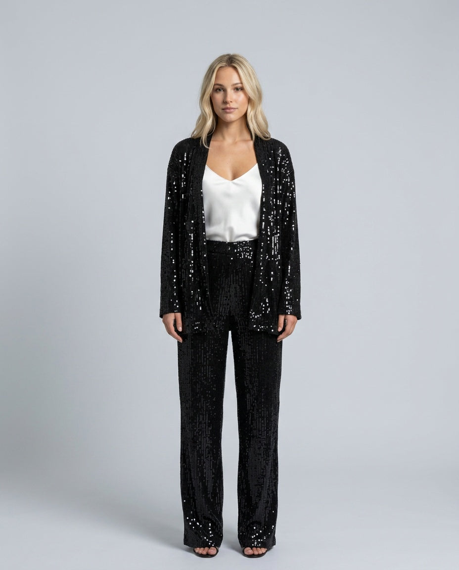 Romilly | Longline Sequin Cardigan & Wide Leg Trousers Co-ord Set