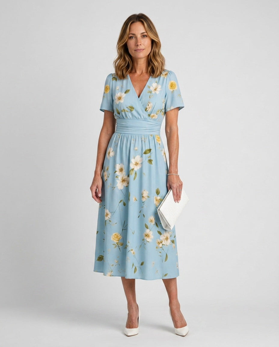 Jimena | Floral Print Short Sleeve V-Neck Midi Dress